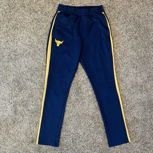 Under Armour Tracksuit Bottoms Mens M Blue Gold Project Rock Track Jogger Pants - Picture 1 of 9